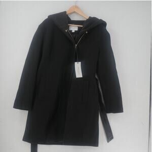 NEW Cole Haan Women's 14 Belted Hooded Long Coat Black Gold Zipper
